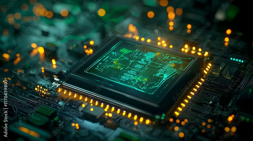 Poster futuristic quantum computing system optimizing fertilizer usage in smart farming with glowing hologr
