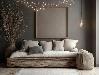 blank photo frame mockup with neutral-colored cushions and cozy lighting