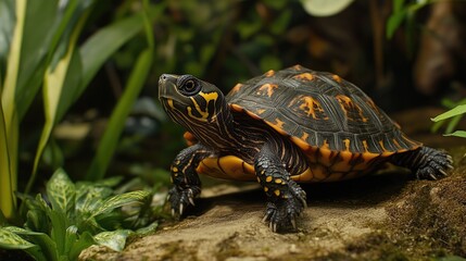 Obraz premium A turtle surrounded by tropical plants with vibrant greens and earthy browns in the background, showcasing its natural habitat.