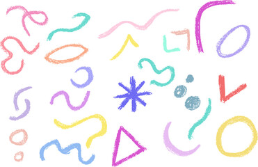 Various hand drawn grunge shapes including curved lines and dots. Geometric in memphis style. Colorful crayon strokes in geometric pattern isolated on white background