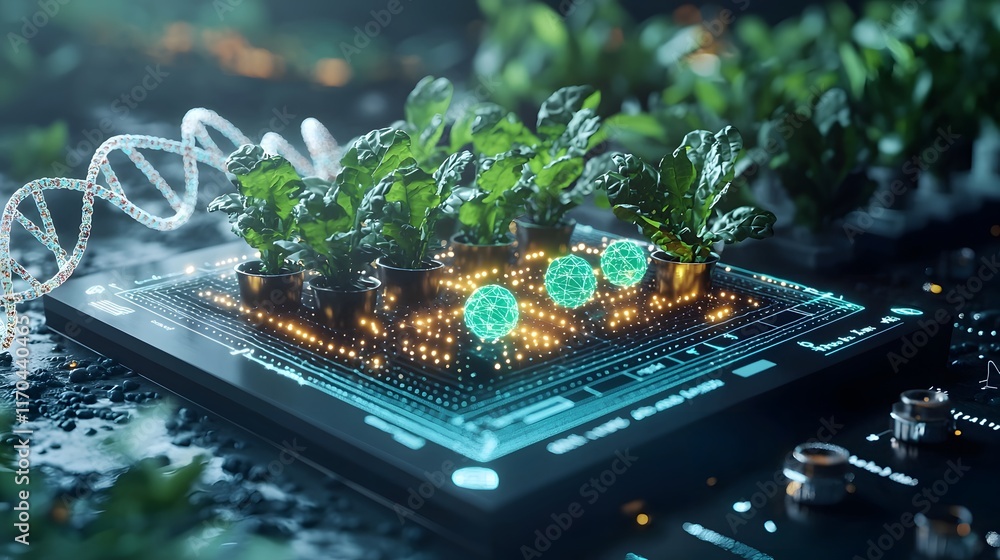 Poster futuristic virtual quantum model analyzing and visualizing genetic optimization techniques for smart