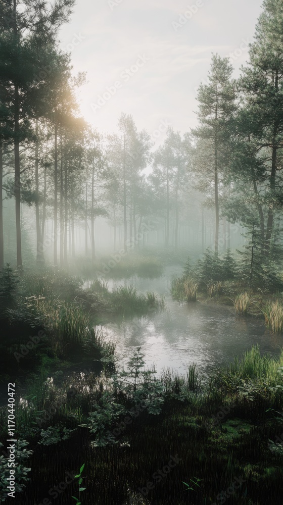 Poster fog blankets a serene forest landscape at dawn with a tranquil pond reflecting the surrounding natur
