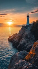 Stunning lighthouse at sunset illuminating rocky coastline with vibrant sky hues