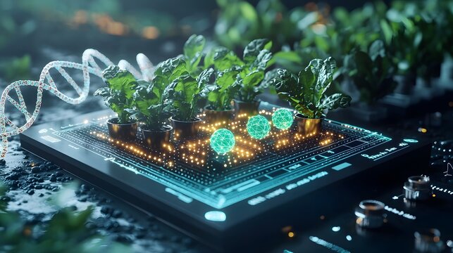 Futuristic virtual quantum model analyzing and visualizing genetic optimization techniques for smart and sustainable farming practices showcasing glowing holographic crops and DNA strands