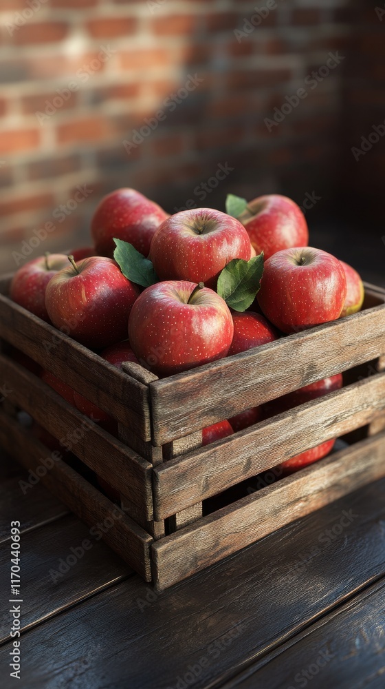 Poster close-up view of fresh red apples in a rustic wooden crate on a wooden table indoors
