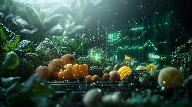 Dynamic holographic simulation of quantum computing technology predicting market trends and demand curves for smart farm produce with glowing futuristic holograms of fruits vegetables