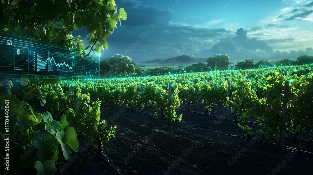 Poster a futuristic smart vineyard managed by quantum computing displaying glowing grape growth patterns an