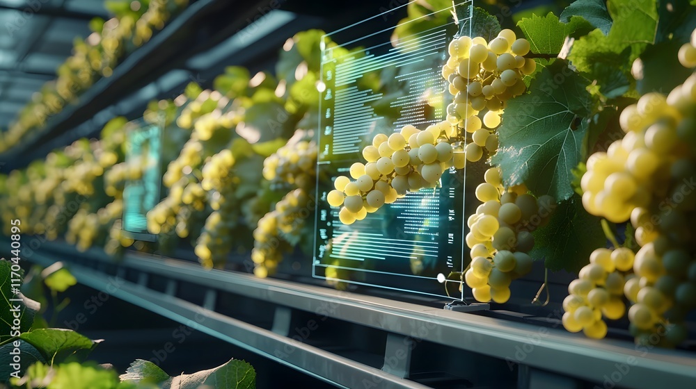 Poster futuristic smart vineyard managed by quantum computing displaying glowing grape growth patterns and 