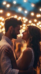 Candid moment of a couple enjoying a joyful evening surrounded by beautiful lights