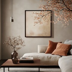 square frame mockup on neutral-toned wall with stylish decor pieces