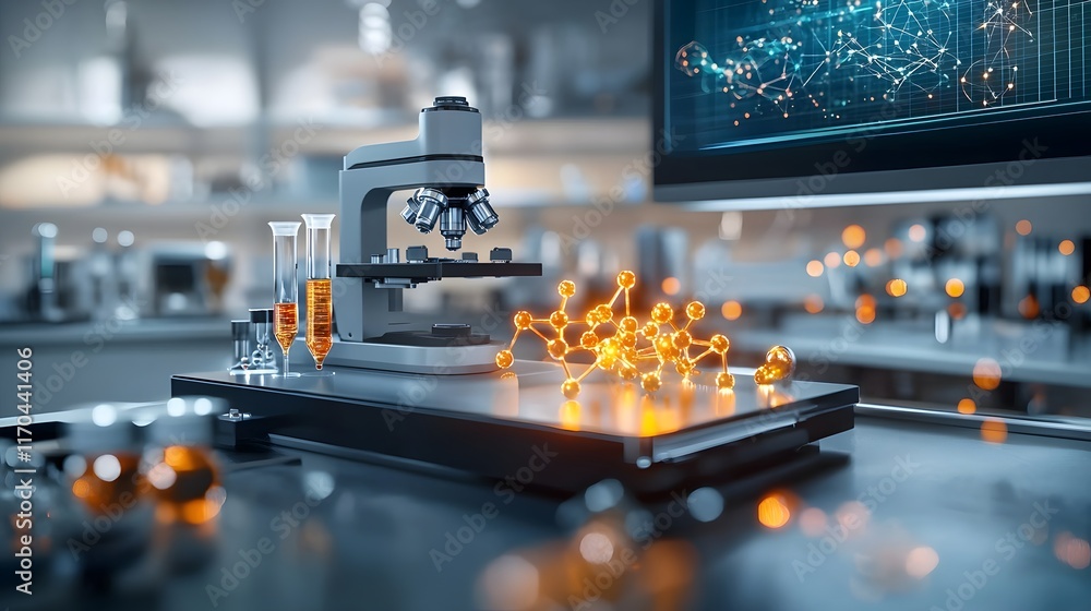 Poster futuristic quantum computing powered vaccine research laboratory featuring glowing holographic molec