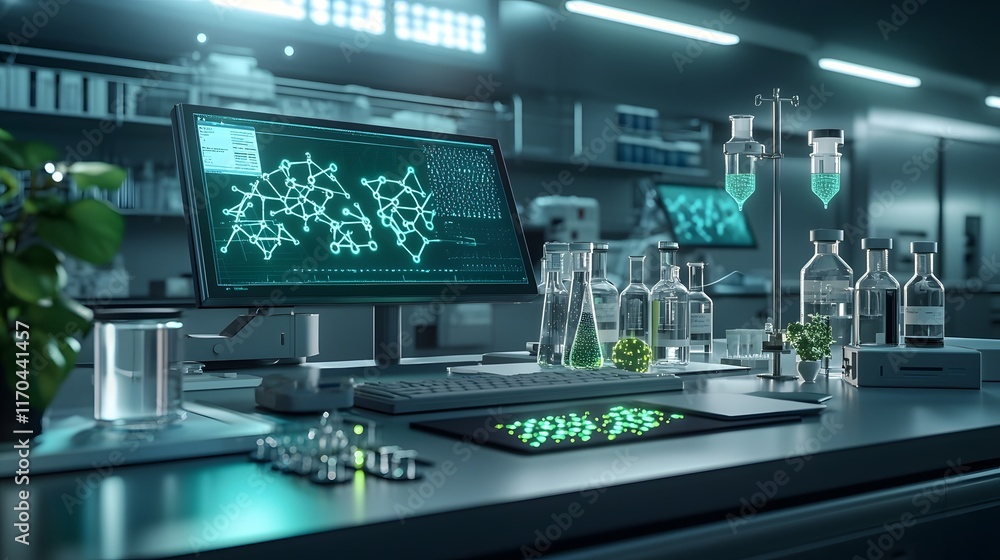 Poster a cutting edge vaccine laboratory integrated with quantum computing technology featuring glowing hol
