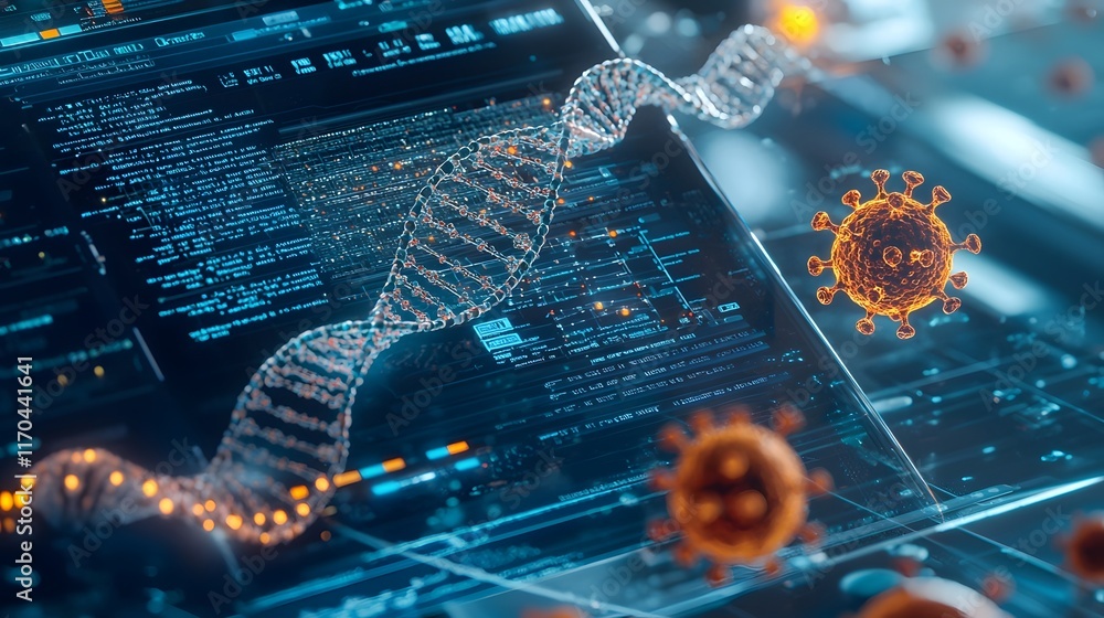 Poster quantum computing system analyzing genetic sequences for vaccine development with glowing dna strand
