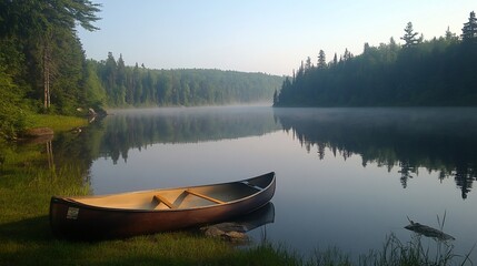 Calm canoe on misty lake shore at dawn