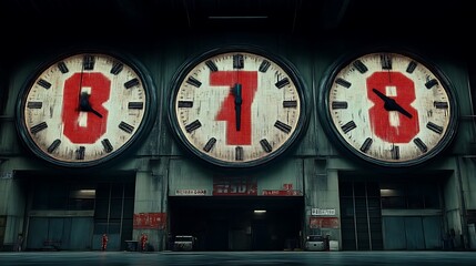 Three Large Clocks Displaying The Number Zero Seven Eight