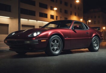 A bright red sports car is elegantly parked on a bustling city street at night