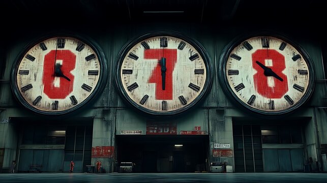 Three Large Clocks Displaying The Number Zero Seven Eight - Powered by Adobe