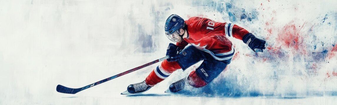 Dynamic athlete skating on ice with intense focus during a match in a vibrant watercolor depiction