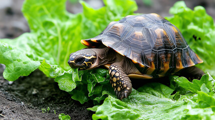 Obraz premium Tortoise Eating Lettuce in Sunny Garden