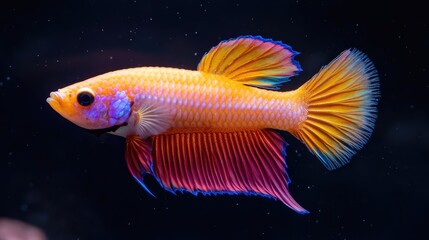 Fototapeta premium Single beta fish with intense colors, isolated against a striking black background with subtle lighting.