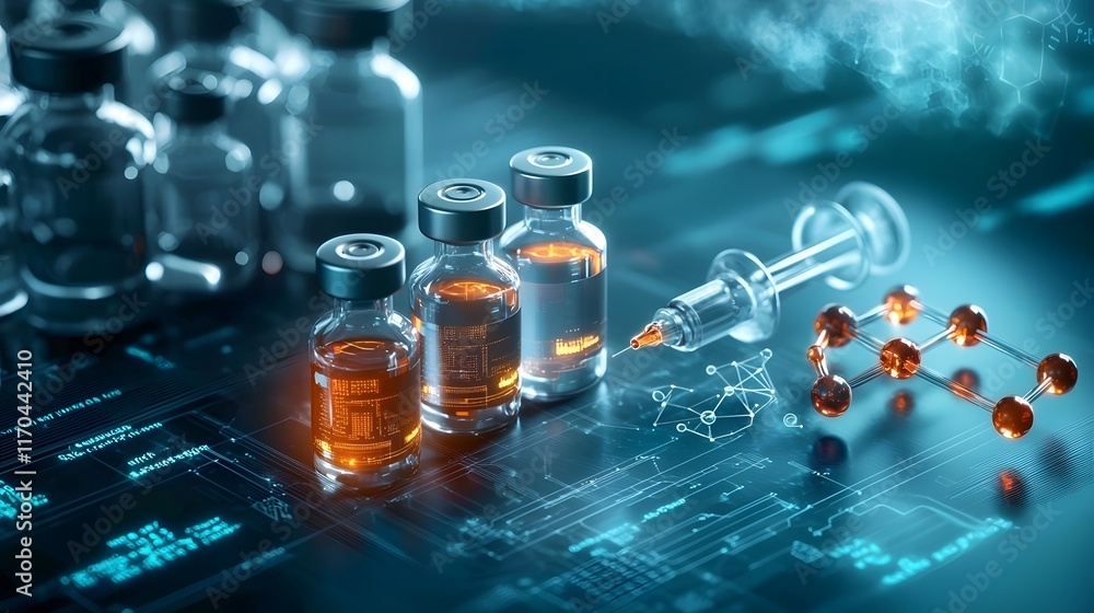 Poster futuristic quantum computing model optimizing vaccine production processes featuring glowing hologra