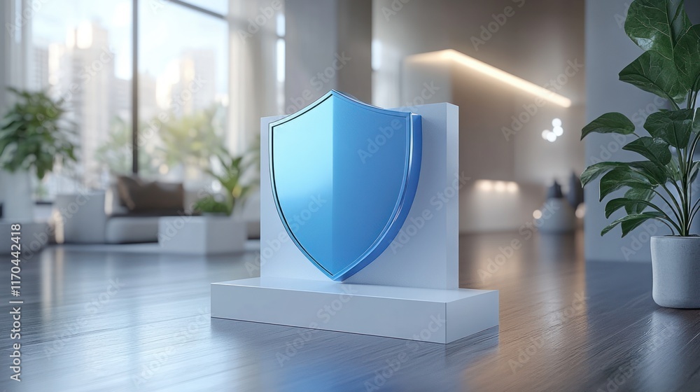 Poster Minimalist Blue Shield Icon on White Square with Soft Shadows and Ambient Lighting in Flat Design Style