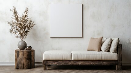 empty canvas frame mockup above wooden side table with minimalist accessories