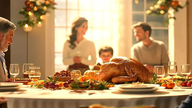 Family Gathering Around Thanksgiving Table with Festive Decor
