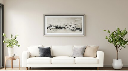 modern white frame mockup with clean furniture and decorative plant