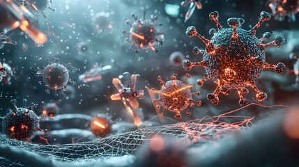 A futuristic quantum enhanced system modeling the complex immune responses to vaccines featuring glowing holographic immune cells and virus particles