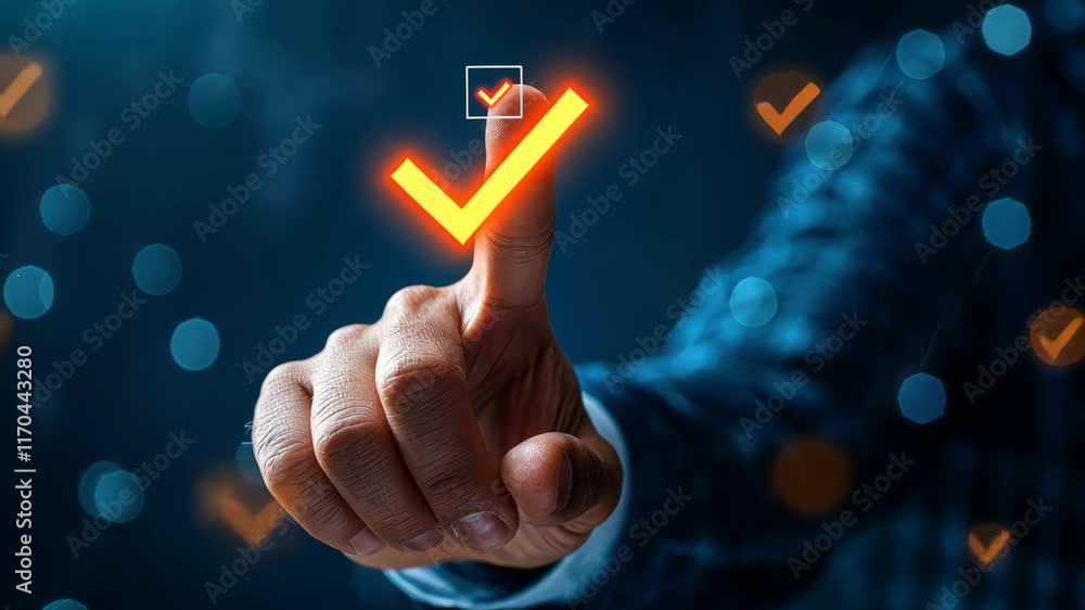 Poster hand pressing virtual check mark symbolizing completion of tasks in modern workspace