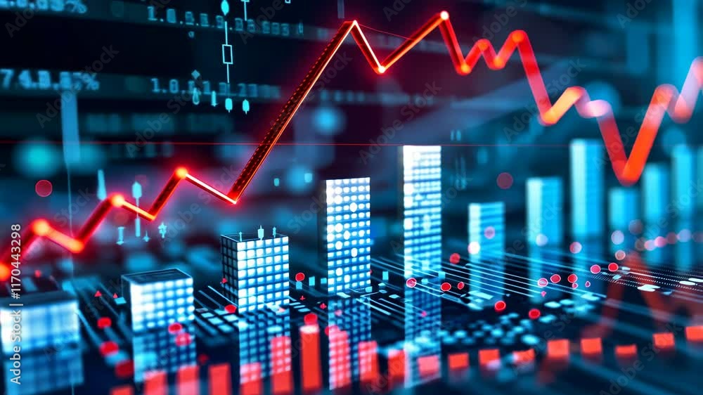 Poster financial trends and data analytics showcased through vibrant visual patterns and graphs in a dynami