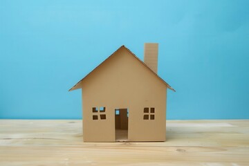 A simple cardboard model of a house against a blue background.