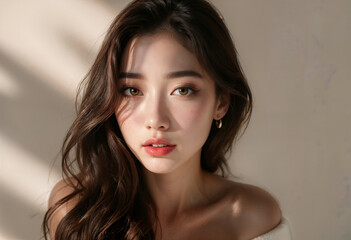 Naklejka premium Serene Sophistication: A Young Korean Female Model’s Striking Beauty and Understated Elegance in Soft Light