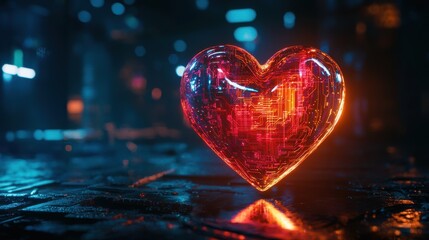 Glowing neon heart with futuristic circuit patterns in a dark background