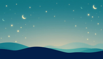 Fototapeta premium Starry sky with rolling hills under a glowing crescent moon, Eid and Ramadan copy space design