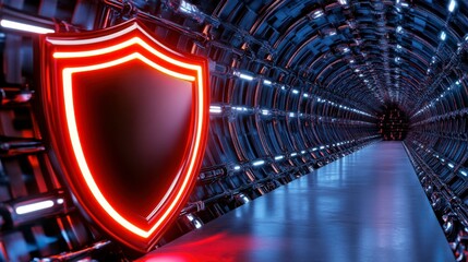 Futuristic Cyber Tunnel with Neon Shield Symbol for Security Concept