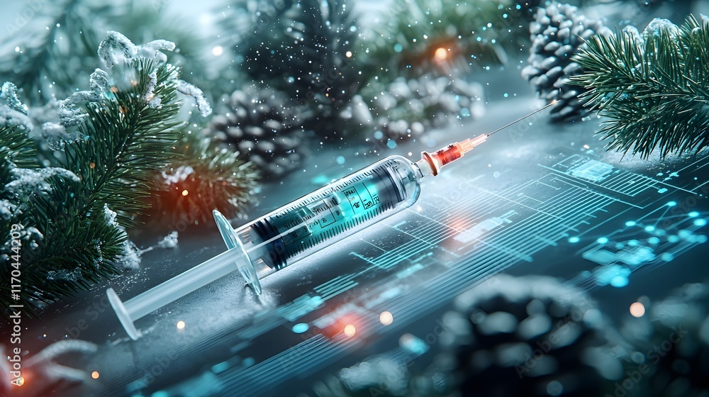 Poster quantum powered virtual twin simulating vaccine stability across various climates with glowing holog