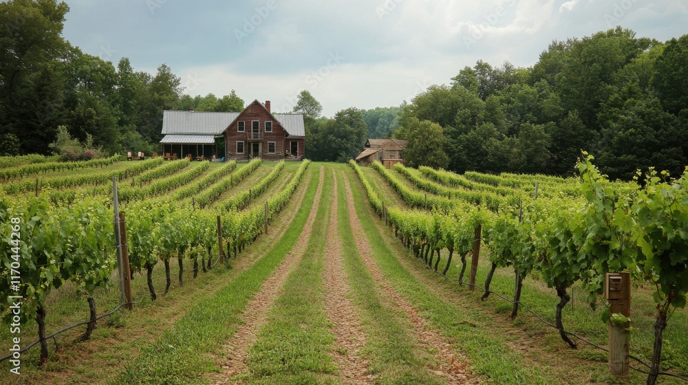 Poster scenic vineyard with lush green rows and rustic farmhouse nestled among trees on a cloudy day
