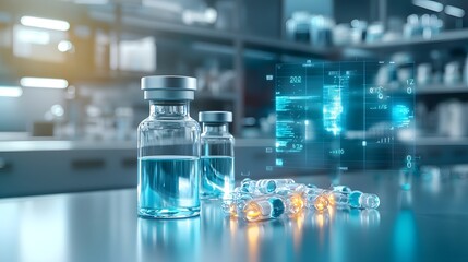 A quantum powered virtual twin simulation showcasing the stability of vaccines across various climate conditions with glowing holographic environmental data and analytics displayed