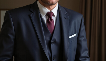 Groom ready in elegant suit with tie, pre-wedding preparation