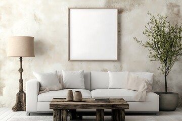 blank canvas frame mockup in neutral Scandinavian-inspired room