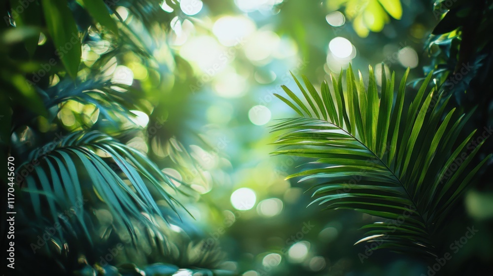Aufkleber vibrant turquoise and emerald green bokeh create an enchanting tropical atmosphere in the forest