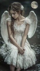 Fototapeta premium Angel in white dress by the water, moonlit night.