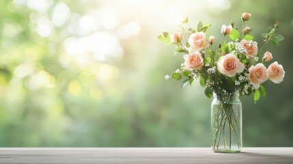 Fresh Peach Roses in Clear Vase on Wooden Table