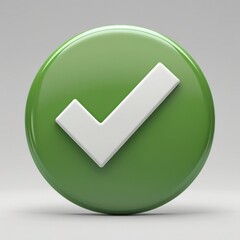 A 3D green circular button featuring a bold white check mark, symbolizing approval, correctness, or completion in a clean and minimal cartoon style."