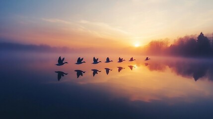 Obraz premium Geese flying sunrise lake mist autumn migration
