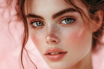 Obraz premium Portrait of a beautiful young woman with clean fresh skin on pink background. Girl's facial skin care. Cosmetology, beauty and spa. Generated by artificial intelligence