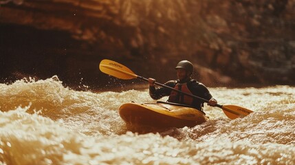 Kayaker navigating turbulent waters in a dynamic adventure experience at sunset