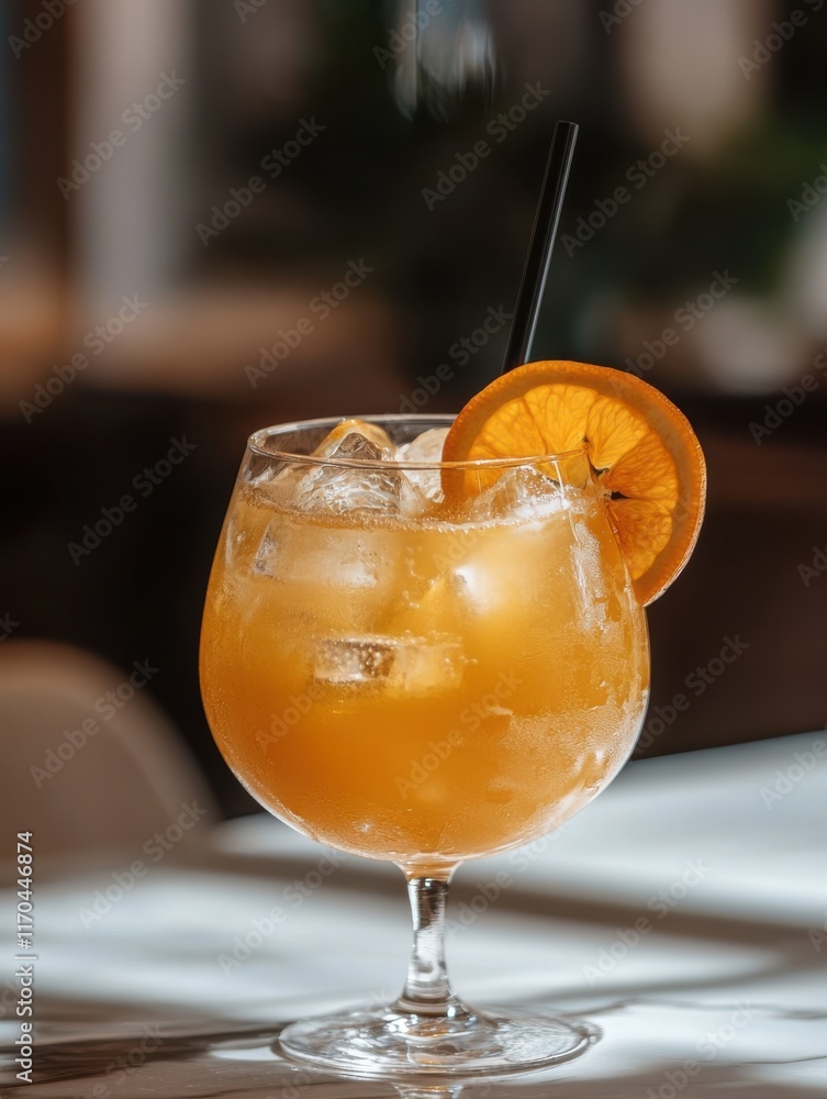 Poster freshly squeezed orange juice served in a transparent glass with ice and a slice of orange on top